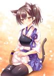  animal animal_ears black_legwear blush brown_eyes brown_hair cat cat_ears cat_tail commentary_request gloves japanese_clothes kaga_(kantai_collection) kantai_collection kemonomimi_mode muneate nogi_takayoshi open_mouth partly_fingerless_gloves petals short_hair side_ponytail single_glove sitting skirt solo tail thighhighs yugake 