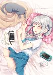  aqua_skirt bangs bed_sheet blanket blush cat cellphone collared_shirt dress_shirt drooling earphones earphones_removed eyebrows_visible_through_hair handheld_game_console highres iphone low_twintails lying on_side open_mouth original phone pillow playstation_portable pleated_skirt polka_dot_pillow sakuragi_ren shinonome_an shirt short_sleeves silver_hair skirt sleeping smartphone smartphone_case smile solo thighs twintails white_shirt 