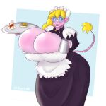 anthro big_breasts blonde_hair blue_eyes bovid bovine breasts cake cattle cleavage cleavage_overflow clothed clothing deep_cleavage dessert eyewear female food glasses hair hi_res huge_breasts maid_apron maid_hat maid_uniform mammal oliburgob paprika_(olibur) pastry pie pitcher serving_tray smile solo tight_clothing tight_topwear topwear uniform wide_hips