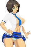  1girl ahoge black_hair blue_necktie blue_skirt breasts cosplay green_eyes hand_on_hips honchan katsuragi_(senran_kagura)_(cosplay) loose_clothes miniskirt navel pixel_art revealing_clothes school_uniform tie warner 