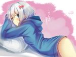  blue_eyes blue_jacket blush bottomless bow eromanga_sensei highres hood hooded_jacket izumi_sagiri jacket long_hair looking_at_viewer lying on_stomach pillow pink_bow ramchi silver_hair smile solo 