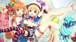  :3 :d bangs blonde_hair blush bow brown_eyes candy eyebrows eyebrows_visible_through_hair food futaba_anzu hat idolmaster idolmaster_cinderella_girls long_hair moroboshi_kirari multicolored_bow multiple_girls one_eye_closed open_mouth orange_hair pink_bow ponytail short_sleeves shorts smile striped striped_legwear stuffed_toy thighhighs twintails v yuuki_tatsuya 