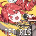  1girl absurdres ahoge arm_up belt black_belt bow buttons copyright_name double-breasted fingernails floating grey_jacket hair_between_eyes hair_bow hair_ribbon hand_up highres holding holding_microphone jacket kasane_teto kasane_teto_(sv) looking_at_viewer microphone musical_staff musical_staff_print open_mouth red_eyes red_hair red_nails red_trim ribbon shoulder_belt shoulder_boards solo striped_clothes striped_jacket sweat synthesizer_v tetoris_(synthesizer_v) upper_body utau white_bow white_ribbon xoo_(pixiv_100957810) yellow_background 