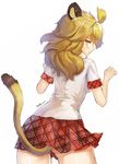  animal_ears ass_visible_through_thighs bibiko blonde_hair blush kemono_friends lion_(kemono_friends) lion_ears lion_tail long_hair looking_at_viewer looking_back paw_pose pleated_skirt shirt short_sleeves simple_background skirt solo tail white_background 