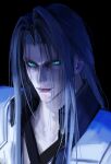 1boy armor black_background black_coat chest_strap chinese_commentary closed_mouth coat commentary_request final_fantasy final_fantasy_vii final_fantasy_vii_remake green_eyes grey_hair highres lips long_bangs long_hair looking_at_viewer male_focus parted_bangs sephiroth shoulder_armor slit_pupils solo sxzz1597 upper_body 