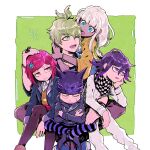  2girls 3boys amami_rantaro beanie black_hat blindfold blue_eyes border bracelet checkered_clothes checkered_scarf crossed_arms danganronpa_(series) danganronpa_v3:_killing_harmony dark-skinned_female dark_skin earrings eyelashes green_eyes hair_ornament hand_on_another&#039;s_head hat hoshi_ryoma jewelry multiple_boys multiple_girls oma_kokichi open_mouth purple_eyes purple_hair red_hair ring scarf short_hair sitting sitting_on_lap sitting_on_person teeth white_border white_hair yonaga_angie yumeno_himiko yyy246 