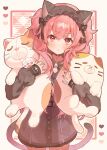  1girl :< animal_ears black_choker black_dress black_hairband black_nails black_ribbon blush border cat_girl cat_tail choker closed_mouth commentary cowboy_shot dot_nose dress fake_animal_ears frown hair_between_eyes hairband heart highres hugging_object long_hair looking_at_viewer momoi_airi official_alternate_costume pink_eyes pink_hair project_sekai ribbon short_dress sleeves_past_wrists solo stuffed_animal stuffed_cat stuffed_toy symbol-only_commentary tail two_side_up uminokaisen v-shaped_eyebrows white_border you_are_my_hero!!_(project_sekai) 
