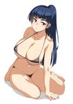  areola_slip areolae bangs barefoot bikini black_bikini blue_hair blunt_bangs blush breasts collarbone covered_nipples ebino_mei hatsukoi_zombie inue_shinsuke large_breasts long_hair navel parted_lips ponytail purple_eyes shadow simple_background sitting solo swimsuit thick_eyebrows white_background yokozuwari 