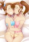  ^_^ bare_shoulders breasts brown_hair camisole cleavage closed_eyes closed_mouth commentary_request futami_ami futami_mami grin hair_bobbles hair_ornament hug idolmaster idolmaster_(classic) midriff multiple_girls off_shoulder panties short_hair siblings side_ponytail sisters sleeping small_breasts smile sports_bra takano_(sora) teeth underwear underwear_only yellow_panties 