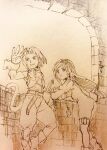  1boy 1girl bodysuit choker closed_mouth feet_out_of_frame final_fantasy final_fantasy_ix garnet_til_alexandros_xvii gloves greyscale highres jewelry long_hair long_sleeves looking_at_viewer low-tied_long_hair monochrome nanpou_(nanpou0021) necklace skin_tight smile tail zidane_tribal 