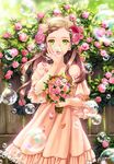  artist_name bare_shoulders braid briska brown_hair bubble collarbone detached_sleeves dress eyebrows flower green_eyes hair_flower hair_ornament holding holding_flower long_hair looking_at_viewer open_mouth original petals signature solo 