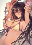  antenna_hair areola_slip areolae armpits arms_up bad_id bad_pixiv_id bandaged_arm bandages bikini_top blush breasts closed_mouth commentary_request covered_nipples danua draph freng front-tie_bikini front-tie_top granblue_fantasy hair_between_eyes hand_on_another's_arm hetero horn horn_ornament jewelry large_breasts long_hair looking_down navel necklace nipple_tweak purple_hair red_eyes solo_focus 