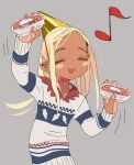  1girl arm_up blonde_hair blue_sweater blush_stickers chin_strap christmas_sweater closed_eyes dancing dark-skinned_female dark_skin food forehead grey_background hand_up happy hat holding holding_food hood hood_down hooded_sweater idolmaster idolmaster_cinderella_girls layla_(idolmaster) long_hair long_sleeves multicolored_sweater musical_note open_mouth parted_bangs party_hat shimura_nobuo simple_background smile solo sweater upper_body white_sweater yukimi_daifuku_(food) 