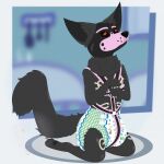 1:1 absurd_res abuniverse animal_mask bdsm begging black_body black_fur black_pawpads canid canine claws clean_diaper clothed clothing diaper fennecat fur fur_markings hand_on_chest harness hi_res kneeling littlepawz looking_up male mammal markings mask neck_tuft pawpads petplay pup_mask red_eyes roleplay simple_background skulldog_(species) solo tuft watermark wearing_diaper
