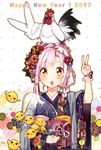  2017 absurdres animal animal_on_head bird bird_on_head chicken chinese_zodiac highres japanese_clothes kimono new_year on_head original pink_hair rooster sakuragi_ren short_hair solo tamako_(sakuragi_ren) v year_of_the_rooster yellow_eyes 