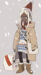  1girl arms_at_sides bag black_leggings blonde_hair blue_eyes boots box brown_coat christmas_sweater coat dark-skinned_female dark_skin full_body fur_boots grey_background hat holding holding_box hood hood_down hooded_coat hooded_sweater idolmaster idolmaster_cinderella_girls layla_(idolmaster) leggings long_hair looking_ahead open_mouth parted_bangs santa_hat shimura_nobuo shoulder_bag simple_background smile snowing solo standing sweater ugg_boots white_sweater winter_clothes winter_coat 