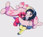  1girl blue_skirt blunt_bangs blush_stickers double_v eyelashes grey_background grin hug ippaiotabe_mkw one_eye_closed open_mouth pantyhose pokemon pokemon_(creature) pokemon_sv poppy_(pokemon) simple_background skirt smile tinkaton v yellow_pantyhose 