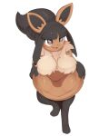 2024 absurd_res abyss_creature_(artist) anthro bangs black_hair breasts brown_body brown_ears brown_eyes brown_fur cute_fangs digital_drawing_(artwork) digital_media_(artwork) eevee eye_through_hair fan_character fangs female female_anthro fingers fluffy fluffy_breasts front_view full-length_portrait fur generation_1_pokemon generation_3_pokemon hair hi_res hybrid mawile nintendo open_mouth open_smile pokemon pokemon_(species) portrait simple_background smile solo standing tan_body tan_fur teeth translucent translucent_hair white_background