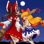 2girls black_hair blue_background bow brown_horns detached_sleeves frilled_bow frills hair_bow hair_tubes hair_up hakurei_reimu holding_hands horn_bow horn_ornament horn_ribbon horns ibuki_suika long_hair looking_at_another looking_back lowres mo-musu moon multiple_girls night oni open_mouth orange_hair red_bow red_skirt ribbon ribbon_trim skirt skirt_set sleeveless smile touhou white_sleeves wrist_cuffs 