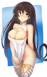  bare_shoulders blush breasts brown_hair cleavage cleavage_cutout fate/grand_order fate_(series) frown highres large_breasts long_hair looking_at_viewer navel nipple_slip nipples no_panties pink_eyes shiny shiny_skin shirt_tug signature solo thighhighs thighs tilt-shift twitter_username very_long_hair white_legwear xuanzang_(fate/grand_order) 