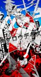  1boy 1girl amamiya_hibiya asahina_hiyori bare_arms blood blood_on_clothes blood_on_hands blood_on_leg blood_splatter blue_sky blunt_ends bob_cut building cargo_shorts cloud collarbone crying crying_with_eyes_open falling frown greyscale_with_colored_background hair_between_eyes highres hood hood_down hooded_jacket impaled jacket kagerou_days_(vocaloid) kagerou_project knee_up long_sleeves messy_hair miniskirt open_mouth parody pleated_skirt pocket reaching road_sign sandals scared short_hair short_sleeves shorts sign skirt sky skyscraper spot_color streaming_tears style_parody tears three-quarter_sleeves toes translation_request vocaloid washi_(micino) wide-eyed 