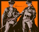  2boys akaashi_keiji black_border bokuto_koutarou boots border cape commentary_request cosplay eye_mask garter_straps gloves greyscale_with_colored_background haikyuu!! halloween hand_on_own_hip hat holding holding_sword holding_weapon kzkr_hk male_focus multiple_boys orange_background short_hair simple_background smile sword the_mask_of_zorro weapon zorro zorro_(character) zorro_(character)_(cosplay) 