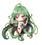  1girl ahoge artist_name bangs blush censored chibi closed_mouth collarbone commentary cthulhu cthulhu_mythos full_body green_hair hair_between_eyes hand_up long_hair looking_at_viewer navel nude outstretched_arm personification pointy_ears red_eyes sidelocks slit_pupils smile solo sparkle tentacle_hair transparent_background v very_long_hair yadamon_(neverland) 