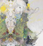  abstract abstract_background anabone bangs commentary different_reflection eyeball green_shirt komeiji_koishi long_sleeves open_mouth reflection shirt short_hair silver_hair solo third_eye touhou yellow_eyes 