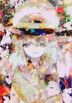  abstract_background alternate_hair_length alternate_hairstyle anabone bangs commentary_request eyeball green_eyes hair_between_eyes hat hat_ribbon heart heart_of_string highres komeiji_koishi long_sleeves looking_at_viewer ribbon shirt silver_hair smile solo third_eye touhou 