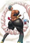 arms_(game) ass bare_shoulders blonde_hair bracelet breasts chilla_(arms) dark_skin drill_hair earrings eyebrows green_eyes high_heels highres hips huge_ass jewelry large_breasts legs lips long_hair looking_at_viewer looking_back mask multicolored_hair muscle panties pants panty_pull parted_lips pink_hair prehensile_hair rebis shiny shiny_skin sideboob skin_tight skindentation sleeveless sleeveless_turtleneck smile solo sweat thick_thighs thighs thong turtleneck twin_drills twintelle_(arms) underwear very_long_hair 
