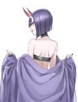  bangs bare_shoulders black_nails blunt_bangs blush collar commentary_request eyeshadow fate/grand_order fate_(series) horns looking_back makeup nail_polish nakuta oni oni_horns open_clothes parted_lips profile purple_eyes purple_hair seductive_smile short_hair shoulder_blades shuten_douji_(fate/grand_order) simple_background smile solo strapless tubetop undressing upper_body white_background 