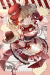  1girl animal_ears apron black_hair blonde_hair bow bowtie breasts cake character_name closed_mouth commentary_request dress english_text fishnet_leggings food fork fox_ears frilled_apron frills full_body gloves heart heart-shaped_pupils highres holding holding_food holding_tray hololive komorihikki large_breasts looking_at_viewer multicolored_hair name_tag omaru_polka omaru_polka_(6th_costume) pink_hair purple_eyes red_bow red_bowtie red_dress red_gloves red_shoes shoes short_sleeves smile socks solo streaked_hair symbol-shaped_pupils tray two_side_up virtual_youtuber waist_apron white_apron white_socks 