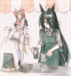  2girls ahoge alternate_costume animal_ears apron awning black_dress black_hair blush brown_hair closed_eyes coffee_filter coffee_maker collared_shirt dress ear_covers earrings enmaided half-closed_eyes highres holding holding_tray horse_ears horse_girl horse_tail jewelry kettle long_hair maid maid_apron maid_headdress manhattan_cafe_(umamusume) menu_board multicolored_hair multiple_girls open_mouth ponytail shirt short_hair single_earring sleeves_rolled_up standing streaked_hair subaru_(user_tmwv7722) tail thighhighs tray umamusume white_shirt white_thighhighs yukino_bijin_(umamusume) 