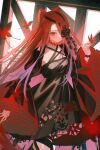  1girl absurdres black_dress blush bow braid breasts bug butterfly choker collarbone dress fate/grand_order fate_(series) hair_between_eyes highres light_(nightty45) long_hair long_sleeves looking_at_viewer red_hair small_breasts solo thigh_strap typhon_ephemeros_(fate) typhon_ephemeros_(second_ascension)_(fate) very_long_hair wide_sleeves yellow_eyes 