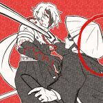  2boys bead_necklace beads black_coat black_gloves blade_lineage_(identity)_(project_moon) coat cracked_skin e.g.o_(project_moon) gloves hat heathcliff_(project_moon) highres holding holding_sword holding_weapon japanese_clothes jewelry limbus_company looking_at_another male_focus meursault_(project_moon) multiple_boys necklace partially_colored prayer_beads project_moon red_background red_eyes rice_hat scar scarf short_hair simple_background standing sword teryaa125 weapon ya_sunyata_tad_rupam_(e.g.o) 