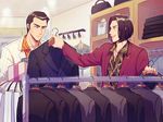  black_hair clothes clothes_hanger clothes_rack formal kiryuu_kazuma male_focus mino_(mino_cat) multiple_boys nishikiyama_akira ryuu_ga_gotoku ryuu_ga_gotoku_0 shopping suit 