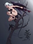  1girl bare_arms bare_legs bare_shoulders bare_tree bikini black_bikini black_horns black_shoes black_wings blue_eyes blue_hair blunt_ends braid chinese_text closed_mouth dagger demon demon_girl demon_horns demon_wings expressionless feathered_wings flats floating_hair full_body grey_background hashtag-only_commentary highres honkai_(series) honkai_impact_3rd horns in_tree kallen_kaslana knife liza23rd long_hair looking_at_viewer low-tied_long_hair monsterification pointy_ears pointy_nose shoes single_braid single_horn solo squatting stomach swimsuit thigh_sheath thigh_strap tree weapon wings 