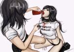  2girls arm_support barefoot black_boots black_choker black_eyes black_hair black_panties black_shorts blood blood_in_bottle blood_on_clothes blood_on_face boots bottle breasts chain chain_leash choker clothes_writing crop_top drinking_blood english_text feeding from_behind gothesbian head_back highres holding holding_bottle holding_leash leash long_hair looking_up medium_breasts medium_hair midriff multiple_girls navel open_mouth original panties shirt short_sleeves shorts simple_background sitting squatting underwear vampire wariza white_background white_shirt yuri 