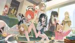  6+girls absurdly_long_hair absurdres ahoge akane_(blue_archive) alternate_costume animal_ear_headphones animal_ears aris_(blue_archive) asuna_(blue_archive) barefoot black_hair blonde_hair blue_archive casual cat_ear_headphones chips_(food) cleaning_&amp;_clearing_(blue_archive) controller dark-skinned_female dark_skin fake_animal_ears food forehead game_development_department_(blue_archive) green_halo halo headphones highres holding holding_controller holding_tray karin_(blue_archive) kei_(robot)_(blue_archive) lap_pillow long_hair lying midori_(blue_archive) momoi_(blue_archive) multiple_girls neru_(blue_archive) number_tattoo on_side one_eye_closed orange_halo potato_chips red_hair shirt siblings sisters sitting tattoo toki_(blue_archive) tray twins u.rang very_long_hair white_shirt yellow_halo yuzu_(blue_archive) 