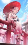  1girl absurdres ahoge aqua_eyes architecture black_sash bow breasts carlotta_(wuthering_waves) cherry_blossoms closed_mouth commentary earrings east_asian_architecture fingernails full_body gradient_clothes gradient_kimono grey_hair hair_bow highres holding holding_umbrella japanese_clothes jewelry kimono long_hair looking_at_viewer momyong nail_polish obi oil-paper_umbrella on_railing parted_bangs pink_bow pink_kimono pink_nails pink_petals railing red_umbrella sash sidelocks sitting small_breasts smile solo striped_bow torii umbrella very_long_hair white_kimono wuthering_waves 
