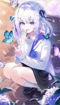 1girl absurdres alternate_costume black_shoes black_skirt blue_butterfly bright_pupils bug butterfly butterfly_on_hand castorice_(honkai:_star_rail) commentary_request falling_petals grey_hair hi_i_dubu highres honkai:_star_rail honkai_(series) index_finger_raised korean_commentary loafers long_hair long_sleeves multicolored_hair outdoors parted_lips petals purple_butterfly purple_eyes purple_hair school_uniform shirt shoes skirt smile socks solo squatting white_pupils white_shirt white_socks 