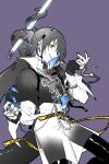  1girl arknights asbestos_(arknights) asbestos_(glen_sonata)_(arknights) blue_hair chain chinese_commentary colored_inner_hair commentary_request cuffs ear_piercing fingernails green_eyes highres holding holding_with_tail looking_at_viewer multicolored_hair official_alternate_costume pants partial_commentary partially_colored piaoliu_ping_ping_ping_pingzi piercing prehensile_tail profile purple_background short_hair simple_background solo standing tail 