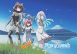  3girls :3 absurdres ange_katrina animal_ears anniversary backpack bag between_breasts black_pantyhose black_vest blue_eyes blue_hair blue_sky blurry blurry_foreground blush boots breasts brown_hair clear_sky closed_mouth colored_inner_hair commentary_request copyright_name day dog_ears dress falling_petals film_grain floating_hair flower frilled_dress frills grass grey_bag grey_dress grey_sleeves group_name hair_between_eyes hair_flower hair_intakes hair_ornament hair_scrunchie hand_up heterochromia highres holding_strap inui_toko knee_boots lake layered_sleeves lize_helesta long_hair long_sleeves looking_ahead looking_to_the_side low_twintails medium_breasts medium_dress medium_hair mount_fuji multicolored_hair multiple_girls nijisanji no_tail official_alternate_costume orange_flower orange_petals outdoors page_of_lambda pantyhose petals purple_eyes purple_flower purple_petals red_eyes red_hair red_scrunchie scrunchie short_dress shoulder_bag sidelocks signature sky sleeve_cuffs small_breasts smile standing strap_between_breasts streaked_hair t_k triangle_hair_ornament twintails two-tone_hair underbust very_long_hair vest virtual_youtuber white_dress white_flower white_hair white_petals wind yellow_eyes 