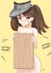  1girl blush brown_eyes brown_hair covering crying cutting_board hard_translated hat kantai_collection long_hair mirakururu nude personification ryuujou_(kantai_collection) smile solo translated twintails yellow_background 