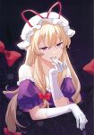  1girl absurdres bare_shoulders biting biting_glove black_background blonde_hair bow breasts cleavage dress elbow_gloves floral_background gap_(touhou) gloves grin hair_between_eyes hair_bow hand_up hat hat_ribbon highres hiwokawa long_hair looking_at_viewer medium_breasts mob_cap off-shoulder_dress off_shoulder purple_dress purple_eyes red_bow red_ribbon ribbon scan smile solo third-party_source touhou upper_body very_long_hair white_gloves white_hat yakumo_yukari 