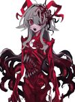  1girl absurdres body_horror extra_eyes extra_teeth grey_hair hair_between_eyes hair_intakes hannah_(populamalus) highres horns long_hair original populamalus red_eyes red_horns simple_background sketch solo tentacle_hair very_long_hair white_background 