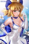  artist_name artoria_pendragon_(all) back_bow blue_bow blue_choker bow breasts choker cleavage commentary dress elbow_gloves fate_(series) flower gloves green_eyes hair_bow hand_on_hip highres large_bow lily_(flower) looking_at_viewer madeleine_bellwoar medium_breasts pink_lips saber saber_lily shiny shiny_clothes shiny_hair short_hair smile solo twitch_username watermark web_address white_dress white_flower white_gloves 