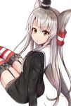  :| amatsukaze_(kantai_collection) closed_mouth dress garter_straps grey_hair hair_tubes hat highres kantai_collection long_hair long_sleeves looking_at_viewer looking_back mini_hat sailor_collar sailor_dress simple_background sitting solo striped striped_legwear thighhighs two_side_up v-shaped_eyebrows white_background yellow_eyes zhi_zhi/zu_zu 