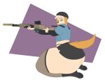 anthro armwear big_butt boots bottomwear butt canid canine canis clothed clothing flat_colors footwear green_eyes headgear headwear hi_res holding_object holding_weapon jacket legwear looking_at_viewer male mammal photolol.03 rear_view shoes simple_background sitting skirt solo topwear weapon wide_hips