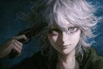  1boy absurdres blue_background close-up closed_mouth commentary_request danganronpa_(series) danganronpa_2:_goodbye_despair green_eyes green_jacket grey_hair gun gun_to_head hair_between_eyes highres holding holding_gun holding_weapon jacket komaeda_nagito looking_at_viewer male_focus messy_hair revolver seapall smile solo suicide upper_body weapon 